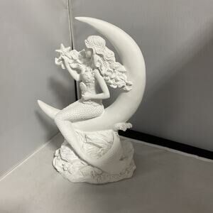 White Resin Mystical Mermaid On Moon Sculpture Collectible Piece